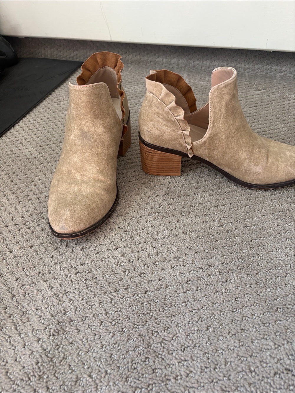 Suede Ruffle Back Ankle Boots - Beige